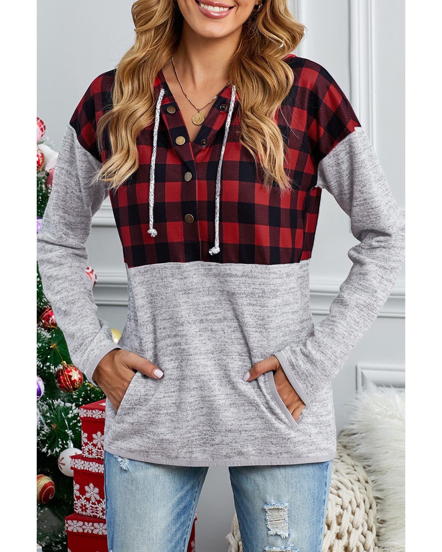 Azura Exchange Plaid Splicing Pocketed Hoodie - L