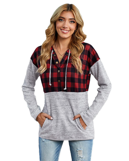 Azura Exchange Plaid Splicing Pocketed Hoodie - L