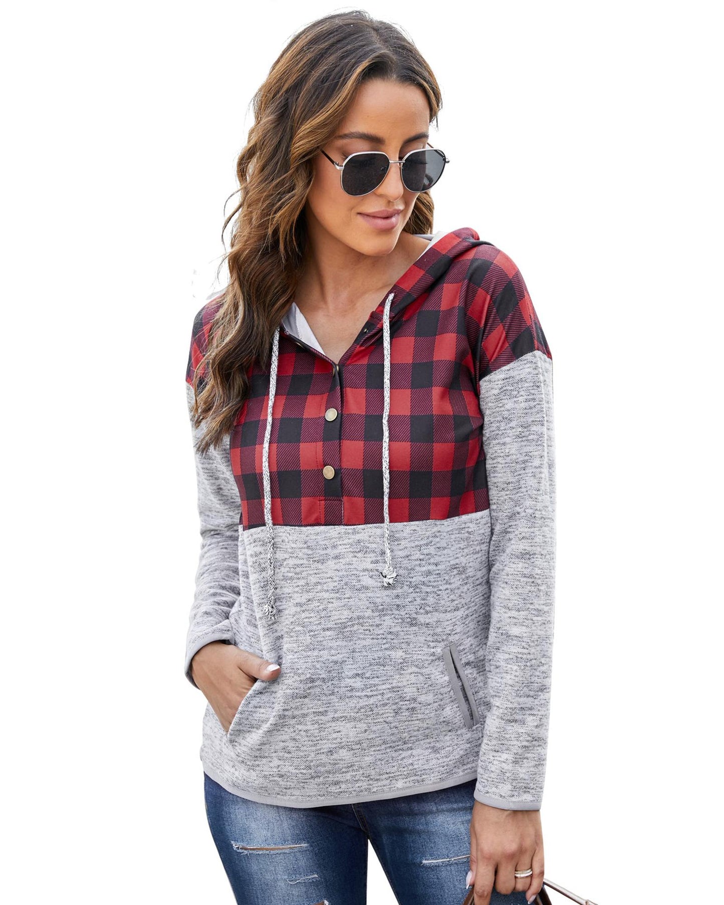 Azura Exchange Plaid Splicing Pocketed Hoodie - L