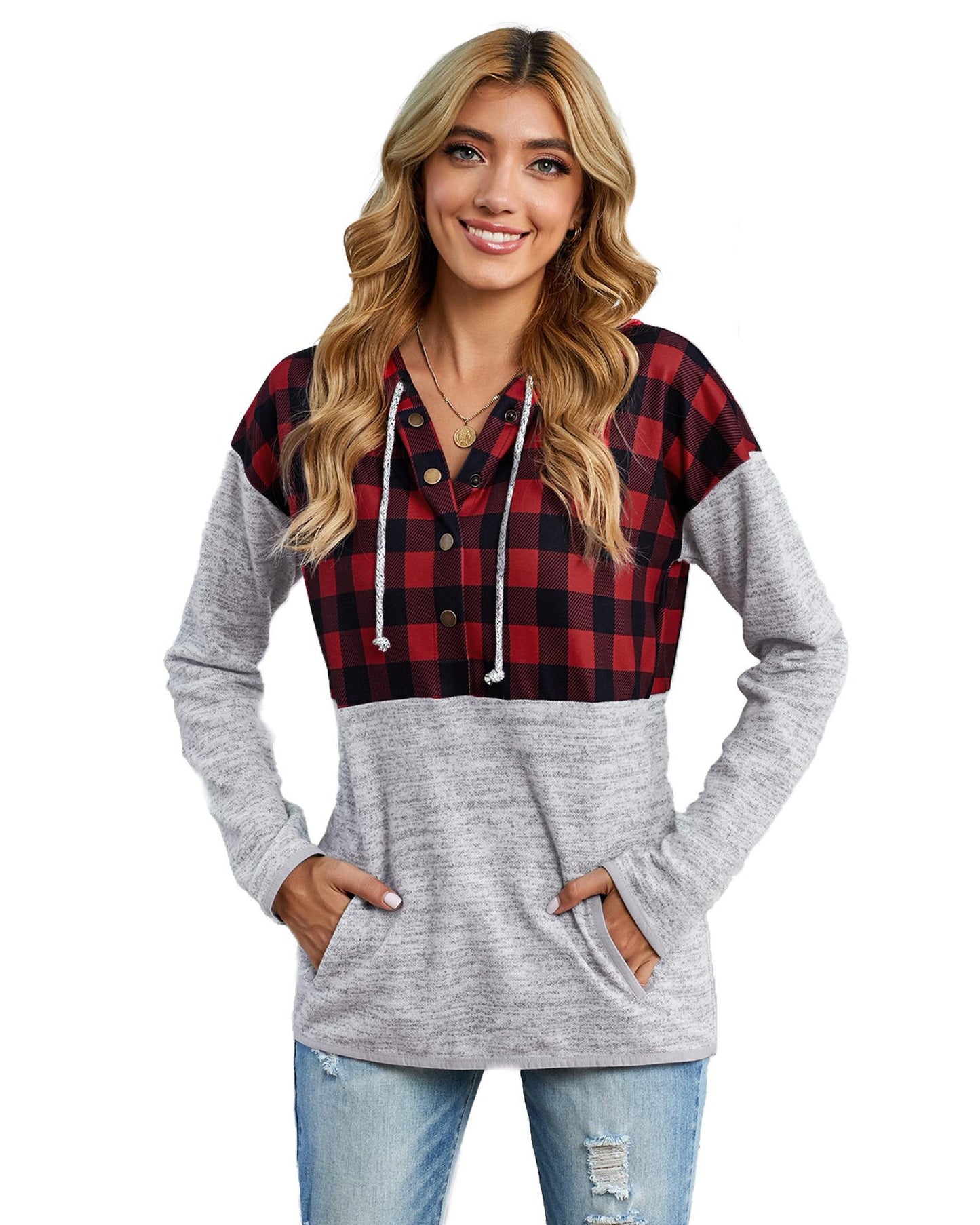 Azura Exchange Plaid Splicing Pocketed Hoodie - S