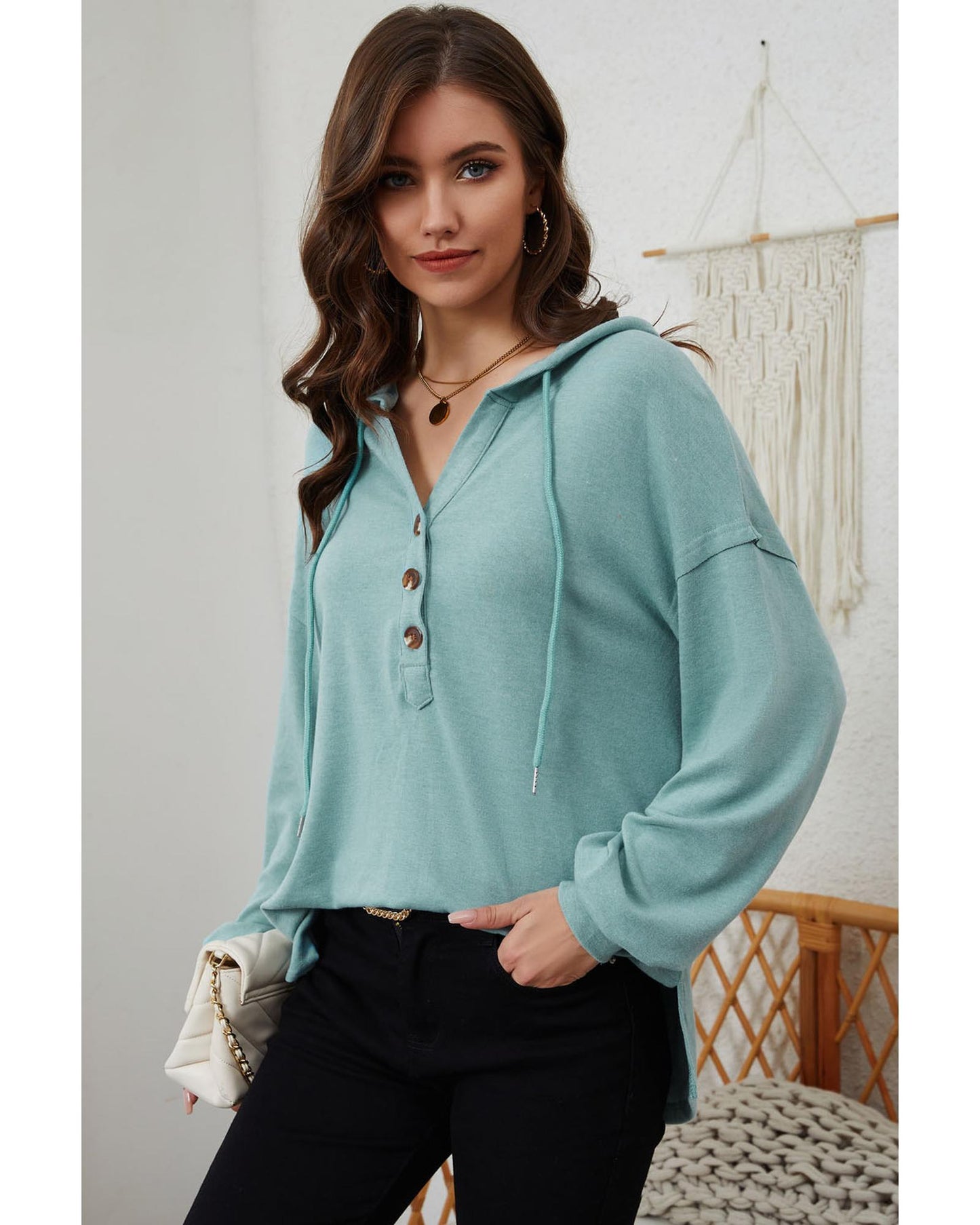 Azura Exchange High and Low Hem Hoodie with Buttoned Detail - L