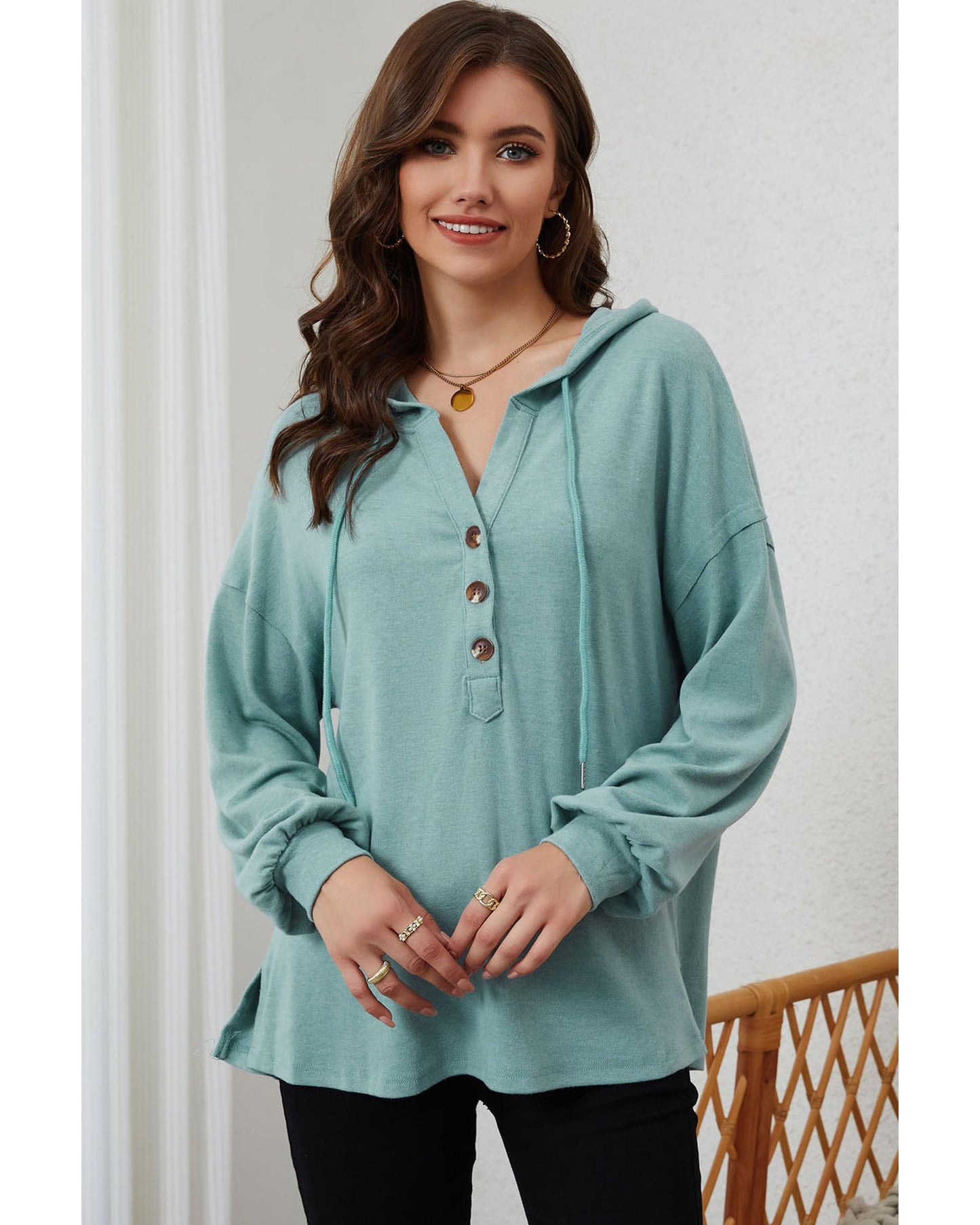 Azura Exchange High and Low Hem Hoodie with Buttoned Detail - L