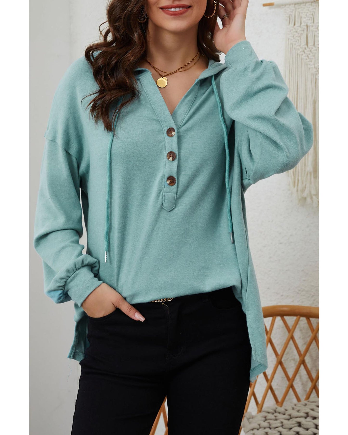 Azura Exchange High and Low Hem Hoodie with Buttoned Detail - M