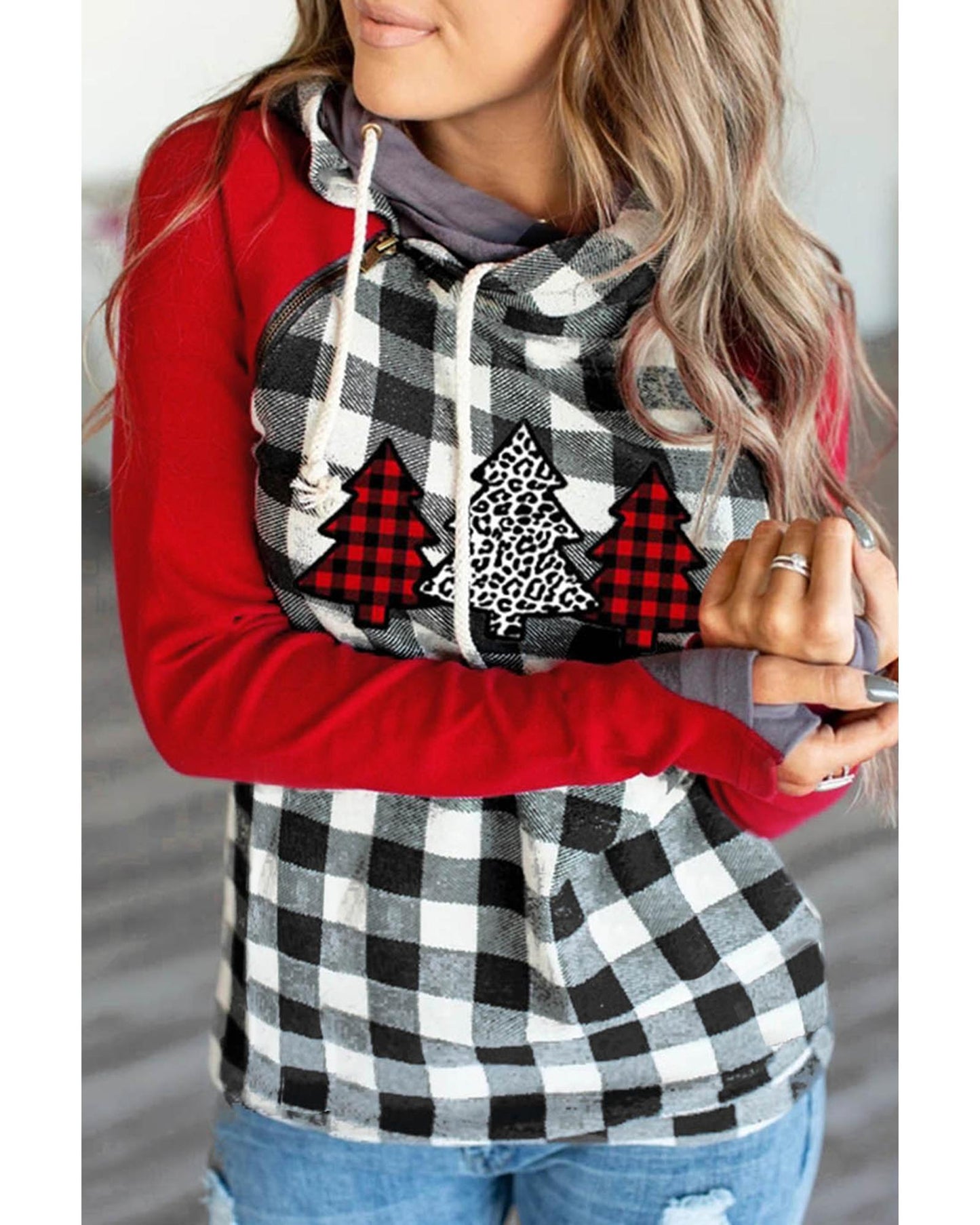 Azura Exchange Plaid Pattern Asymmetric Zip Hoodie - L