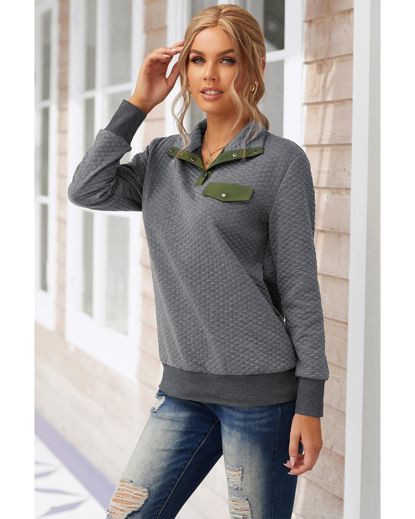 Azura Exchange Quilted Stand Neck Sweatshirt with Fake Front Pocket - S