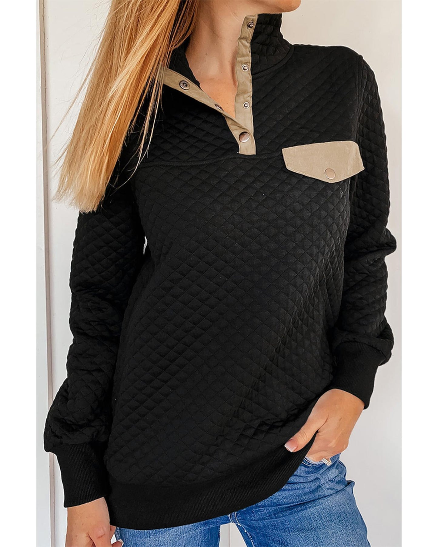 Azura Exchange Quilted Stand Neck Sweatshirt with Fake Front Pocket - 2XL