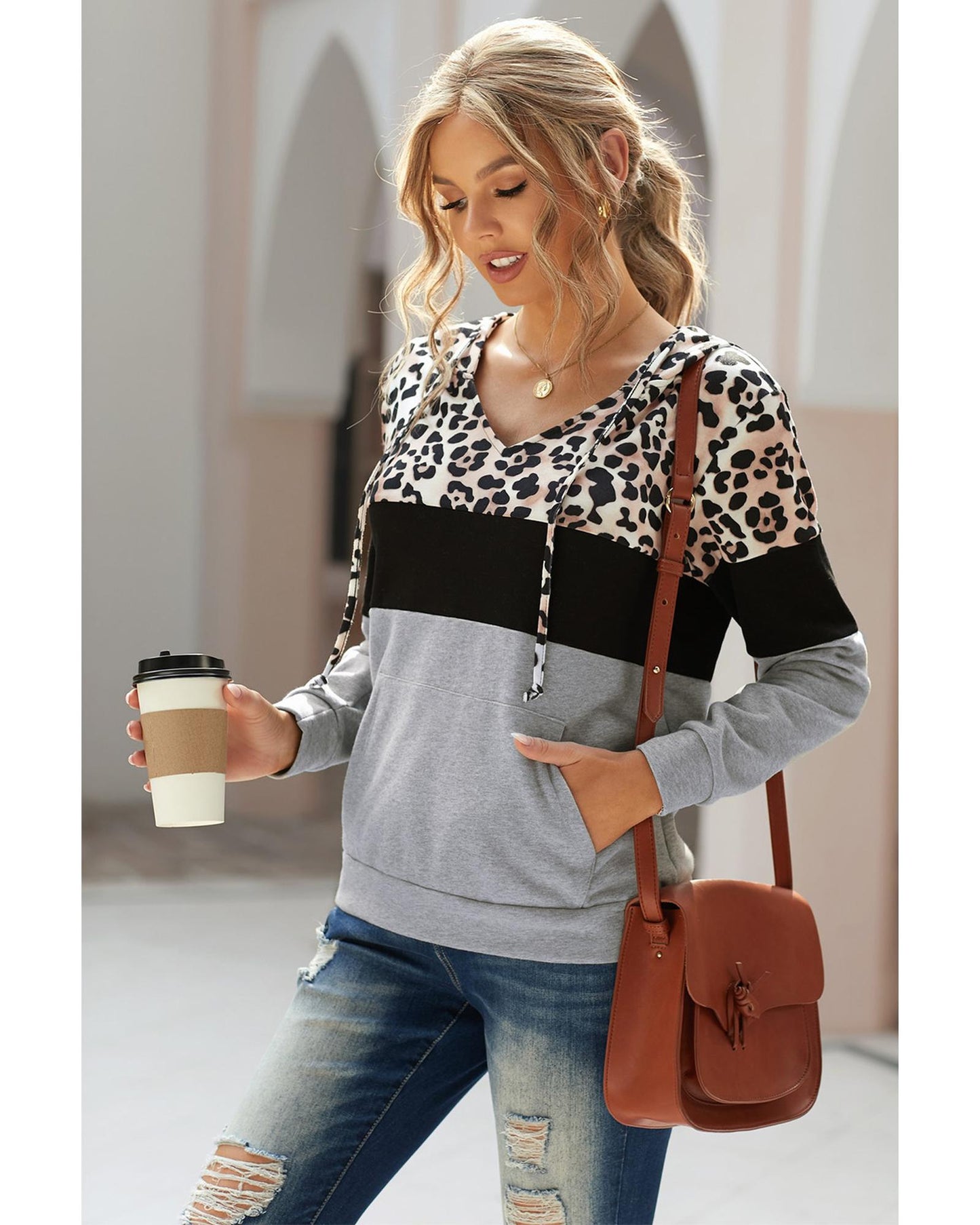 Azura Exchange Leopard Splicing Kangaroo Hoodie - L