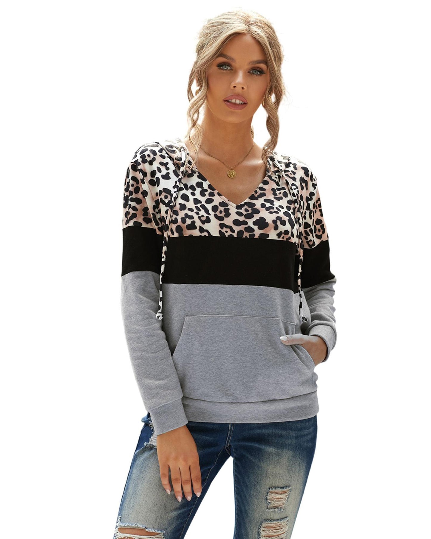 Azura Exchange Leopard Splicing Kangaroo Hoodie - L