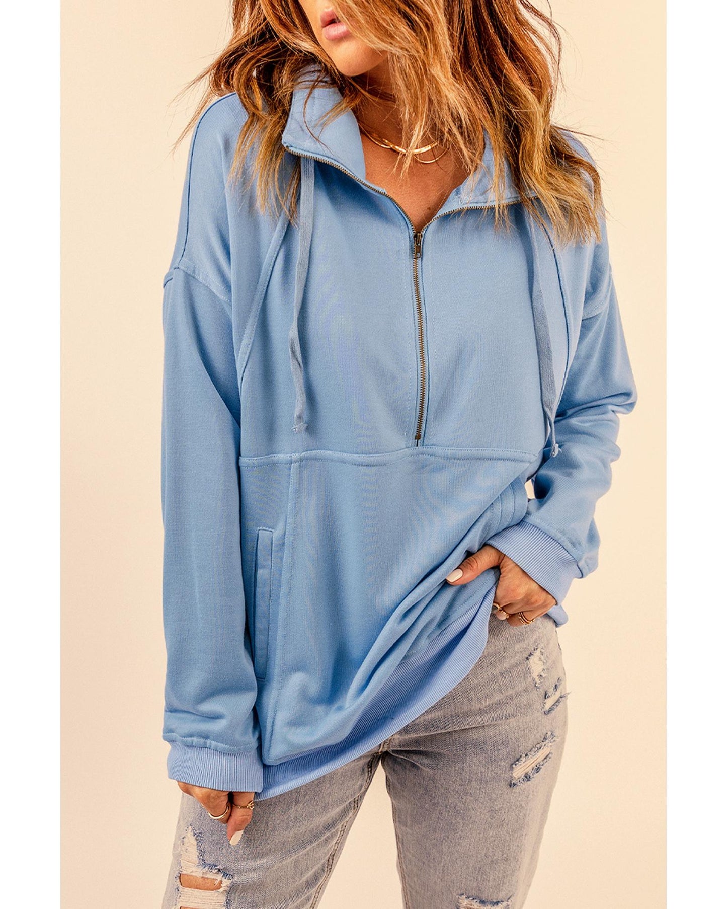 Azura Exchange Pocketed Half Zip Pullover Sky Blue Sweatshirt - 2XL