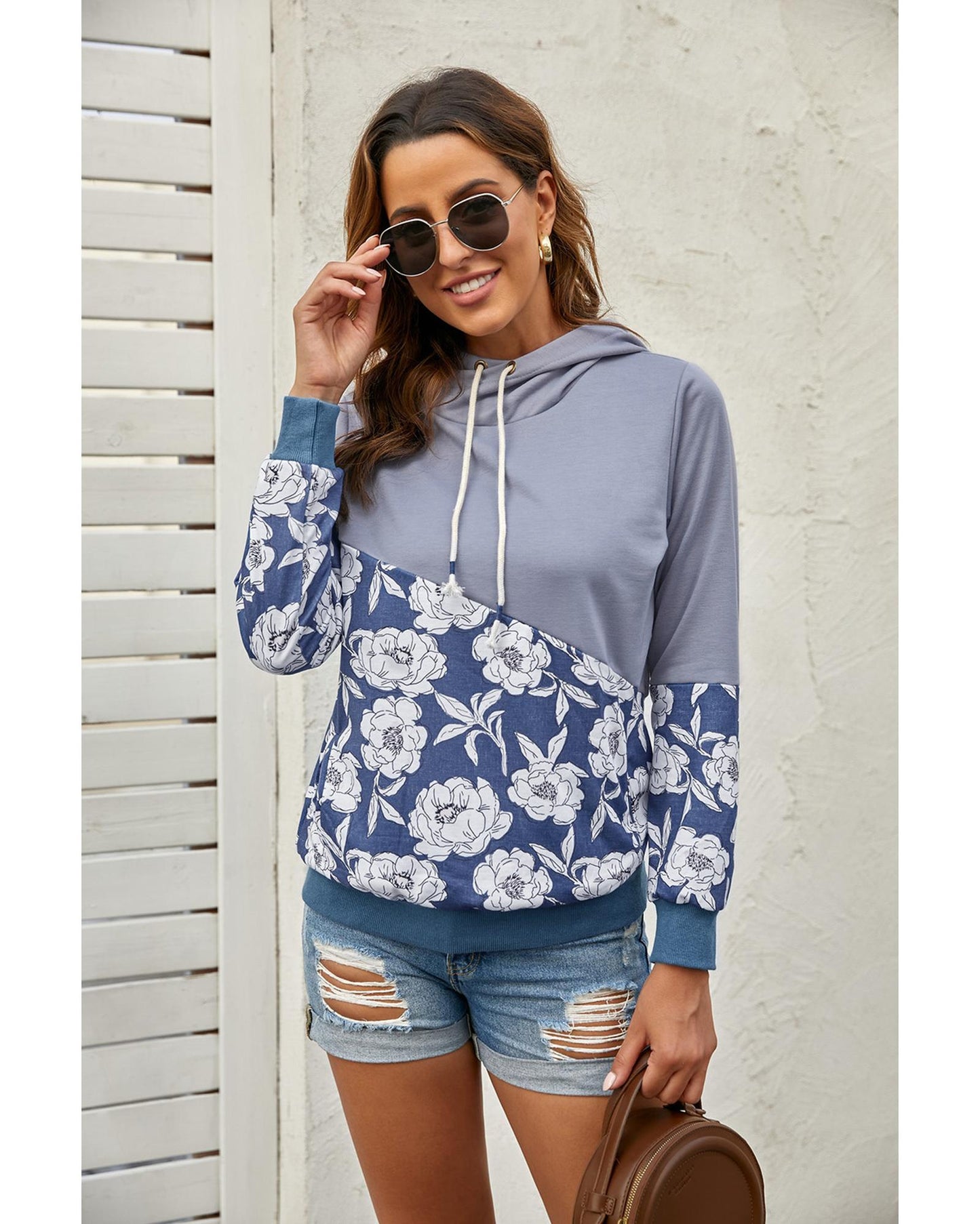 Azura Exchange Floral Splicing Cowl Neck Hoodie - XL