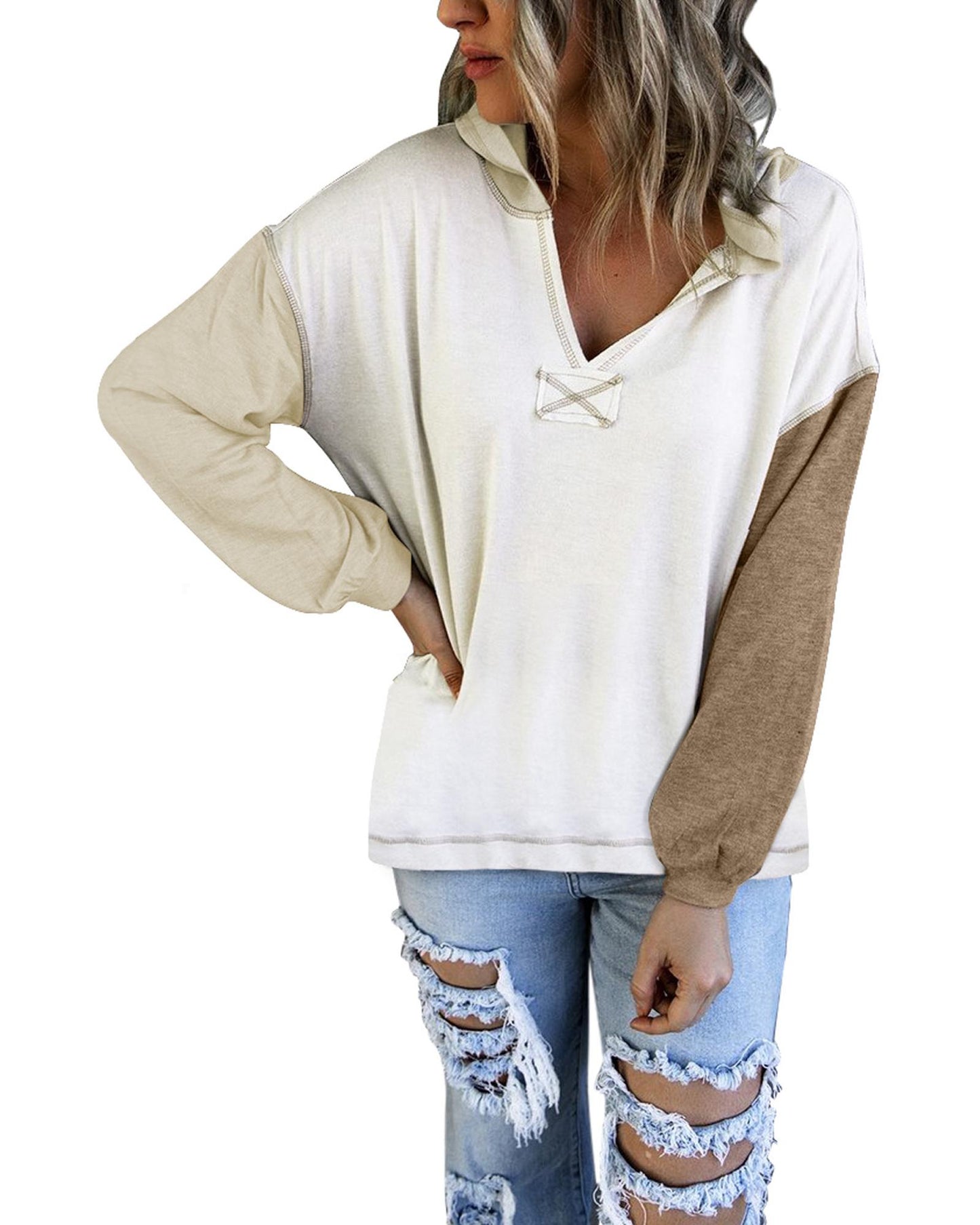 Azura Exchange Colorblock V Neck Long Sleeve Hoodie - 2XL