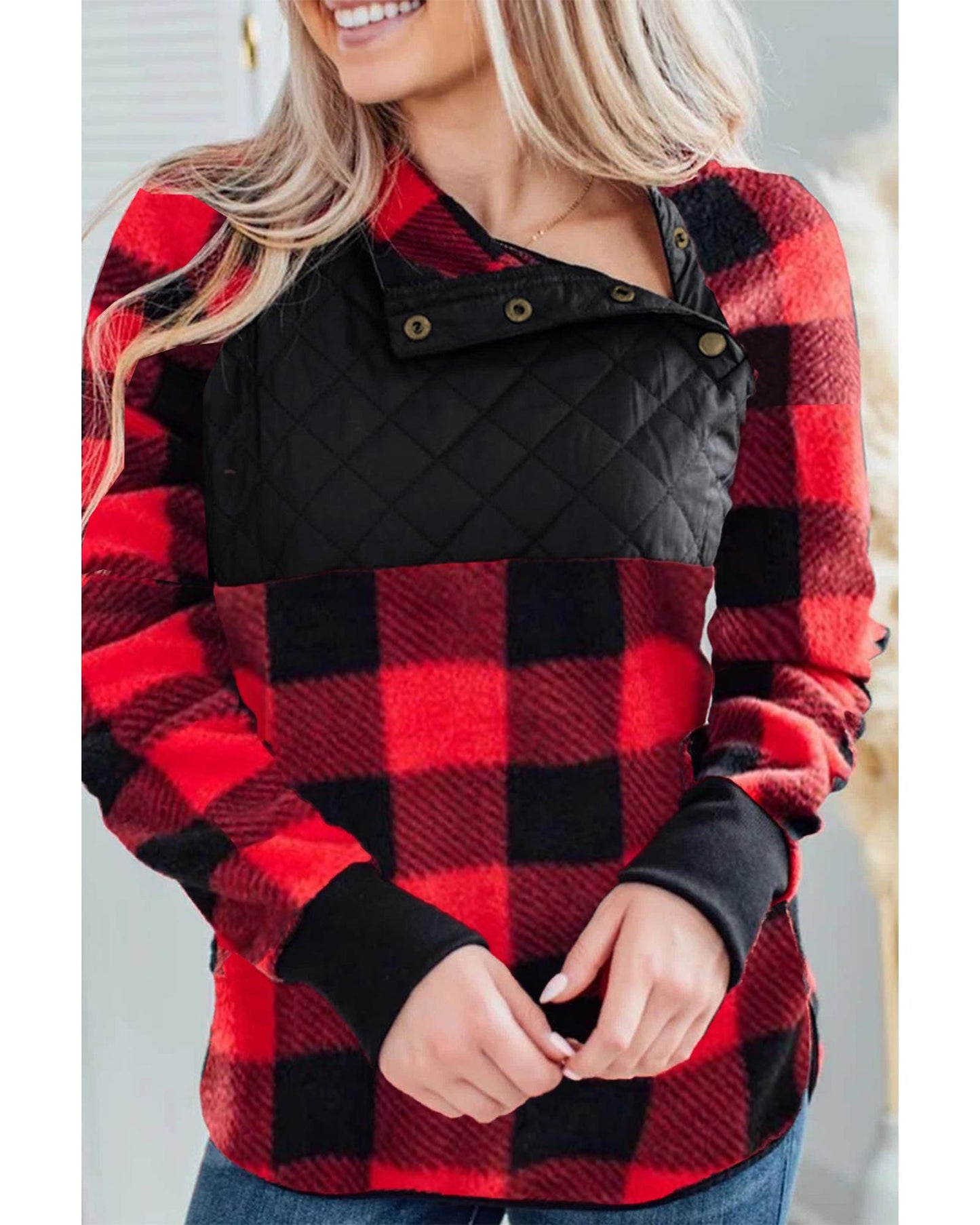 Azura Exchange Plaid Paneled Sweatshirt - M