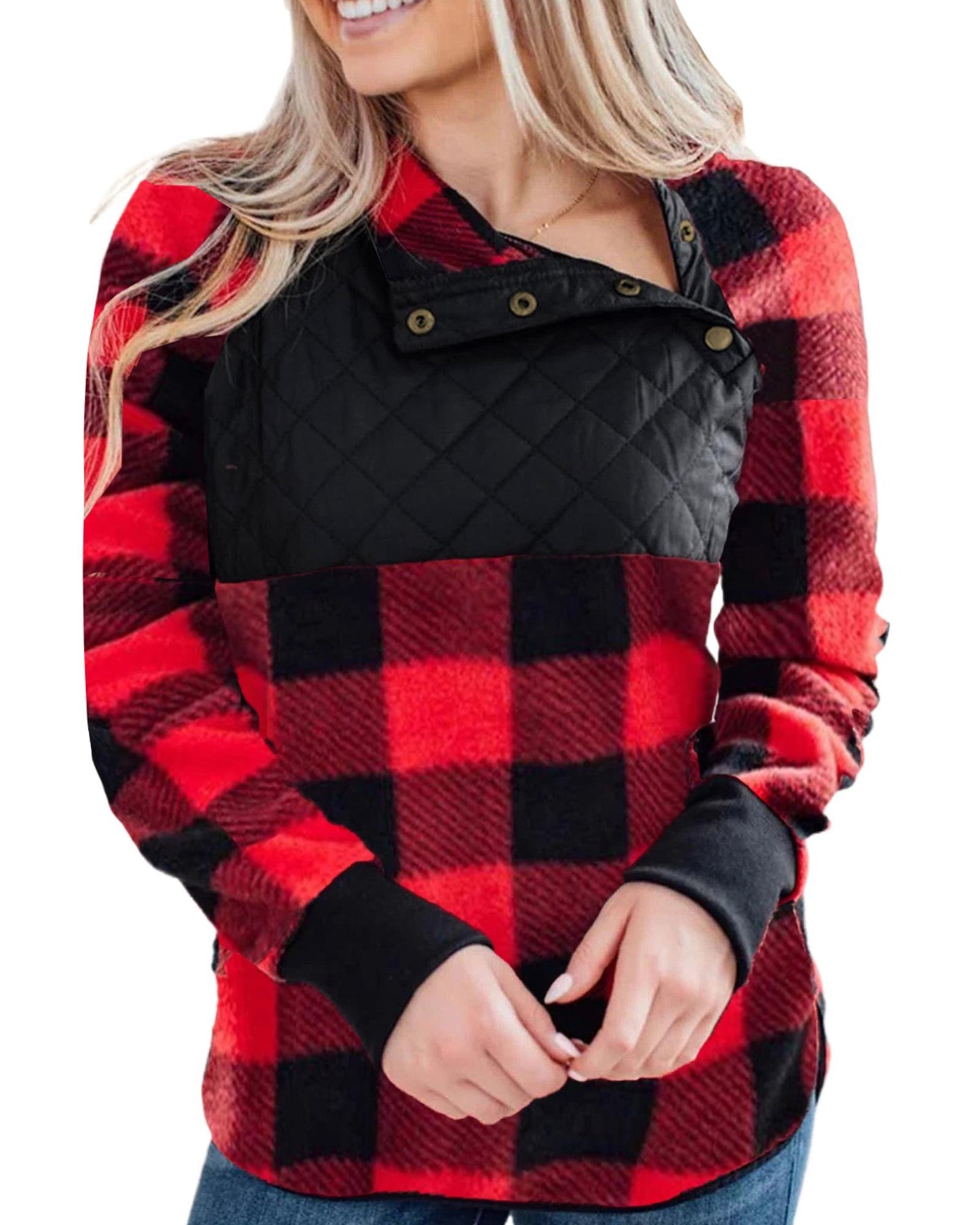 Azura Exchange Plaid Paneled Sweatshirt - M