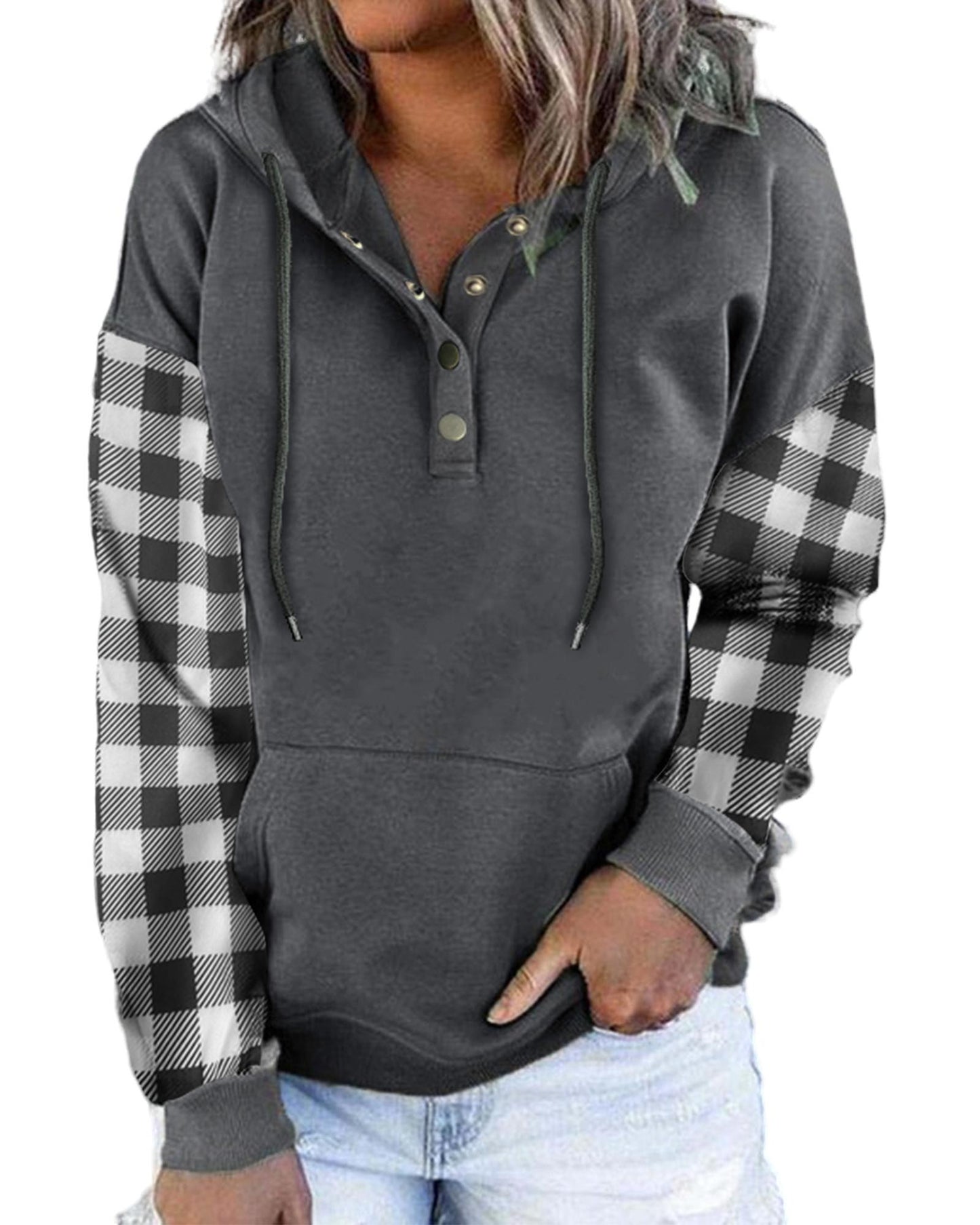 Azura Exchange Plaid Snap Button Pullover Hoodie with Pocket - M