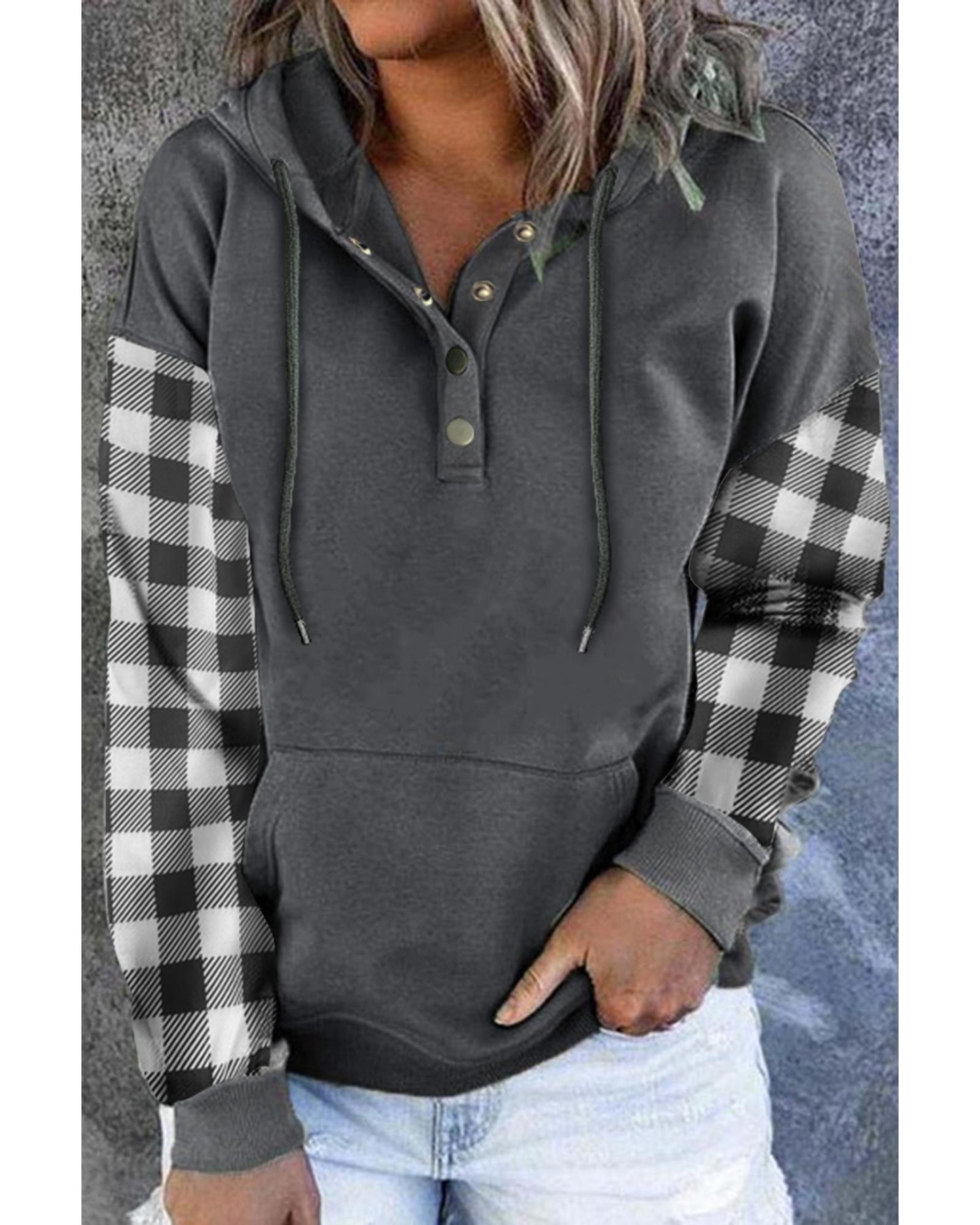 Azura Exchange Plaid Snap Button Pullover Hoodie with Pocket - M