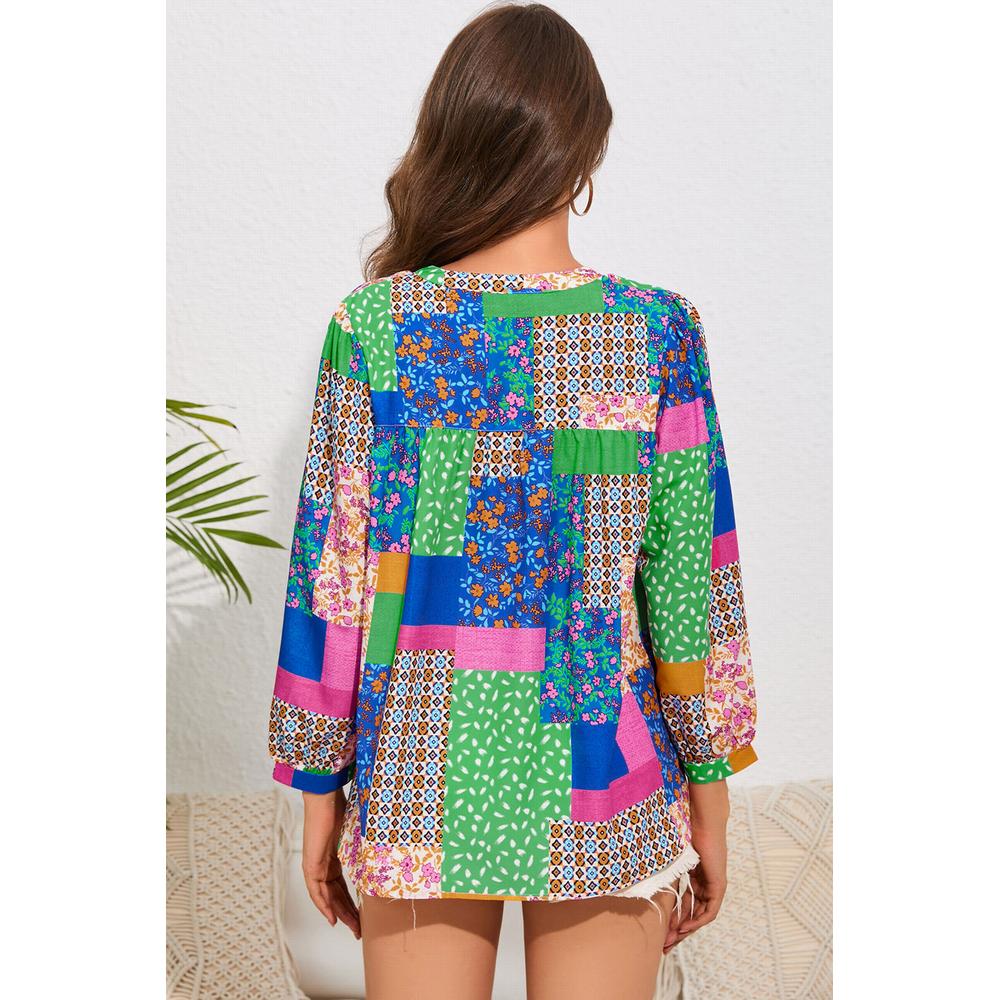 Azura Exchange Floral Patchwork Print Puff Sleeve Shirt - L