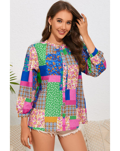 Azura Exchange Floral Patchwork Print Puff Sleeve Shirt - L