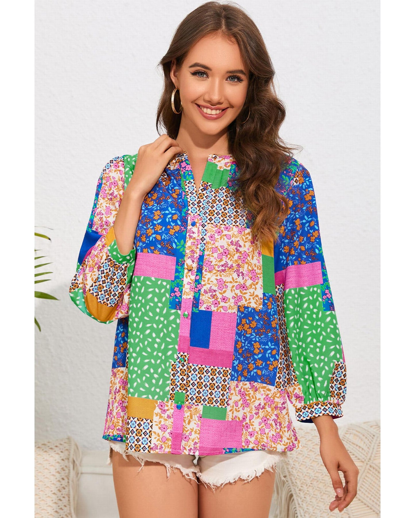 Azura Exchange Floral Patchwork Print Puff Sleeve Shirt - S