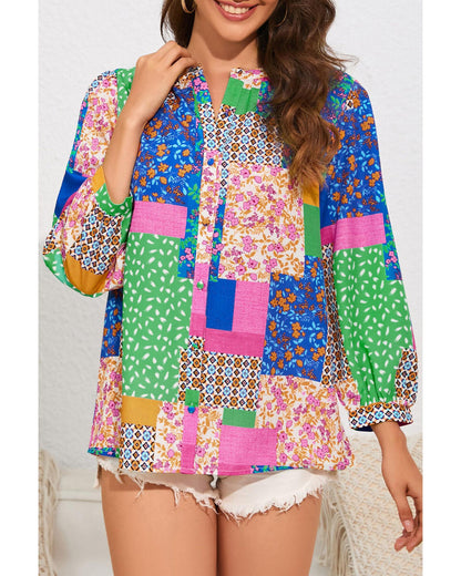 Azura Exchange Floral Patchwork Print Puff Sleeve Shirt - S