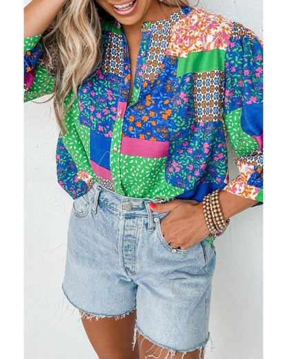 Azura Exchange Floral Patchwork Print Puff Sleeve Shirt - S