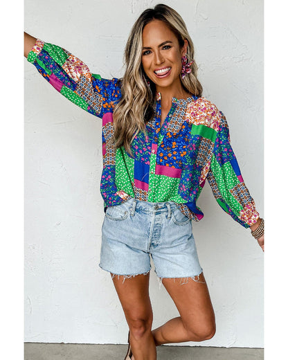 Azura Exchange Floral Patchwork Print Puff Sleeve Shirt - S