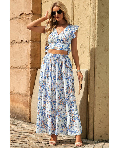 Azura Exchange Floral Ruffled Crop Top and Maxi Skirt Set - 2XL