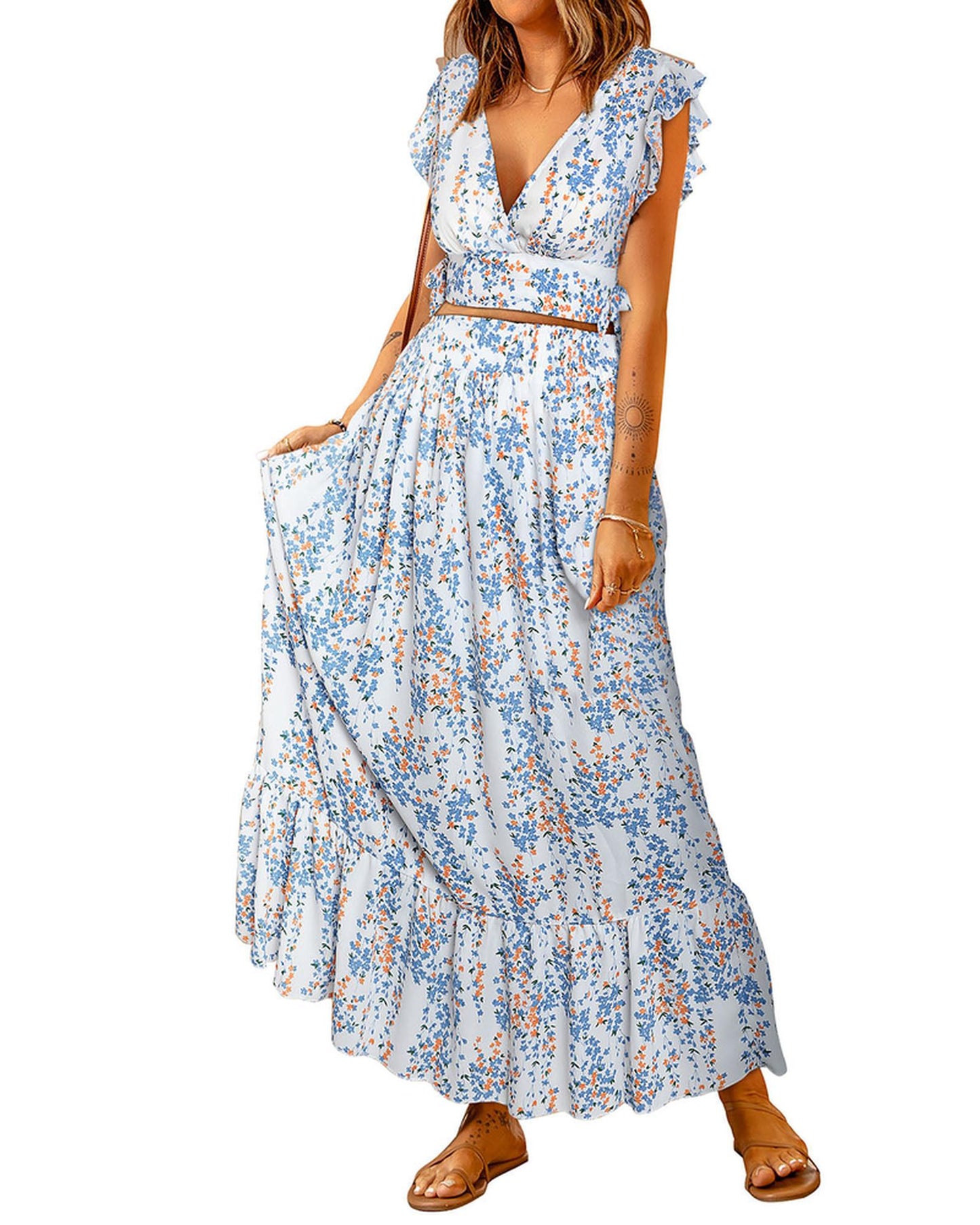 Azura Exchange Floral Ruffled Crop Top and Maxi Skirt Set - 2XL