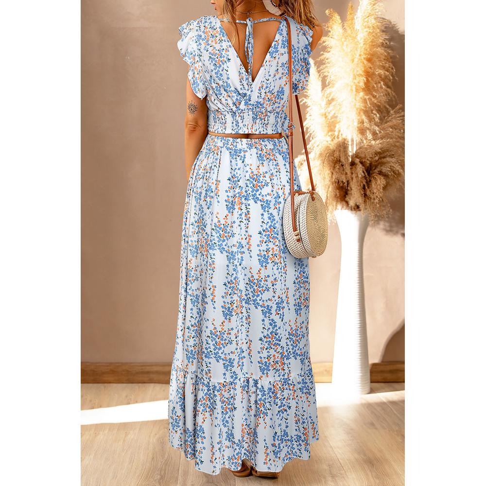 Azura Exchange Floral Ruffled Crop Top and Maxi Skirt Set - L