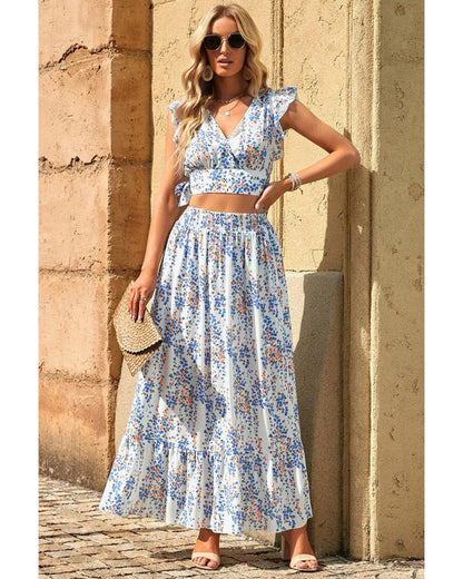 Azura Exchange Floral Ruffled Crop Top and Maxi Skirt Set - XL