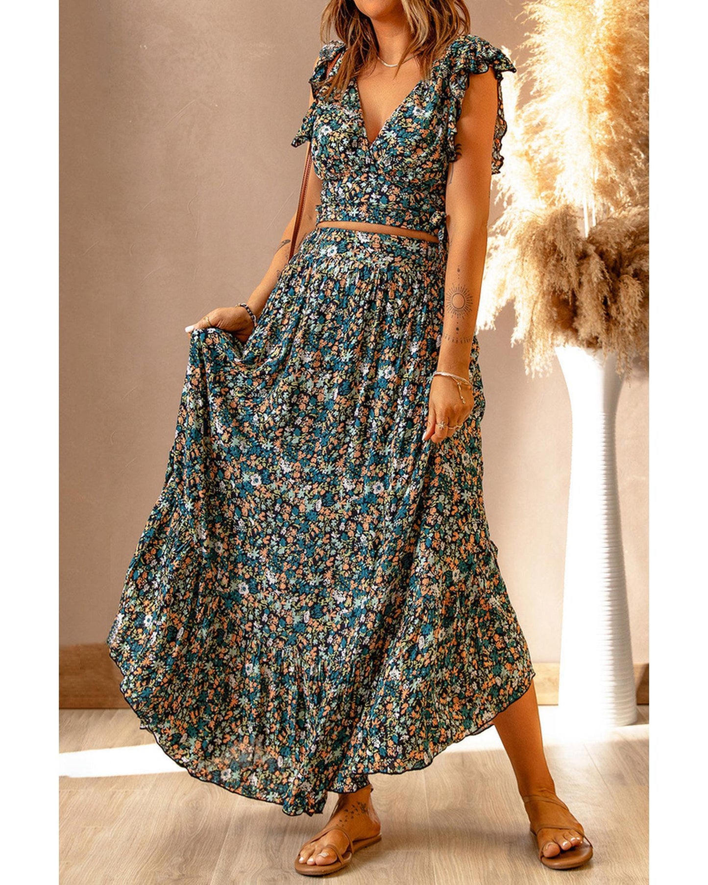 Azura Exchange Floral Ruffled Crop Top and Maxi Skirt Set - 2XL