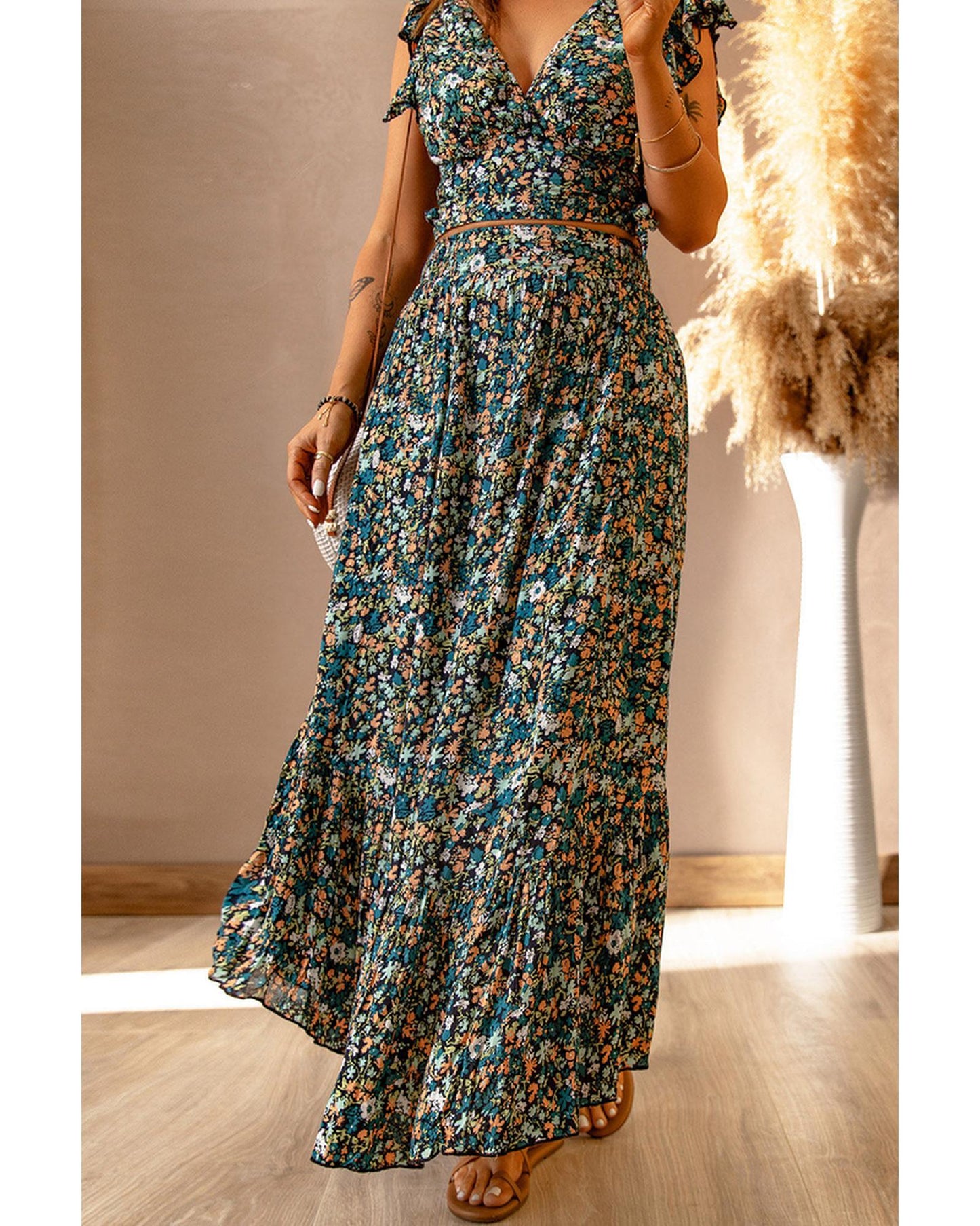 Azura Exchange Floral Ruffled Crop Top and Maxi Skirt Set - 2XL