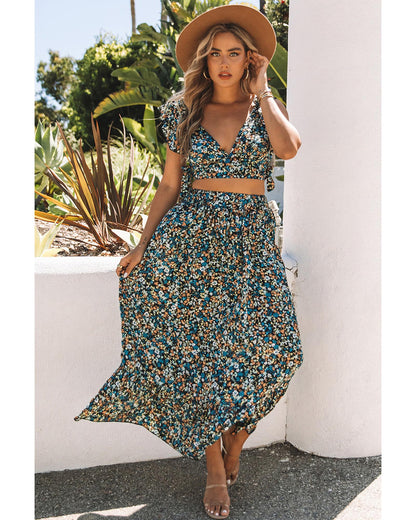 Azura Exchange Floral Ruffled Crop Top and Maxi Skirt Set - 2XL