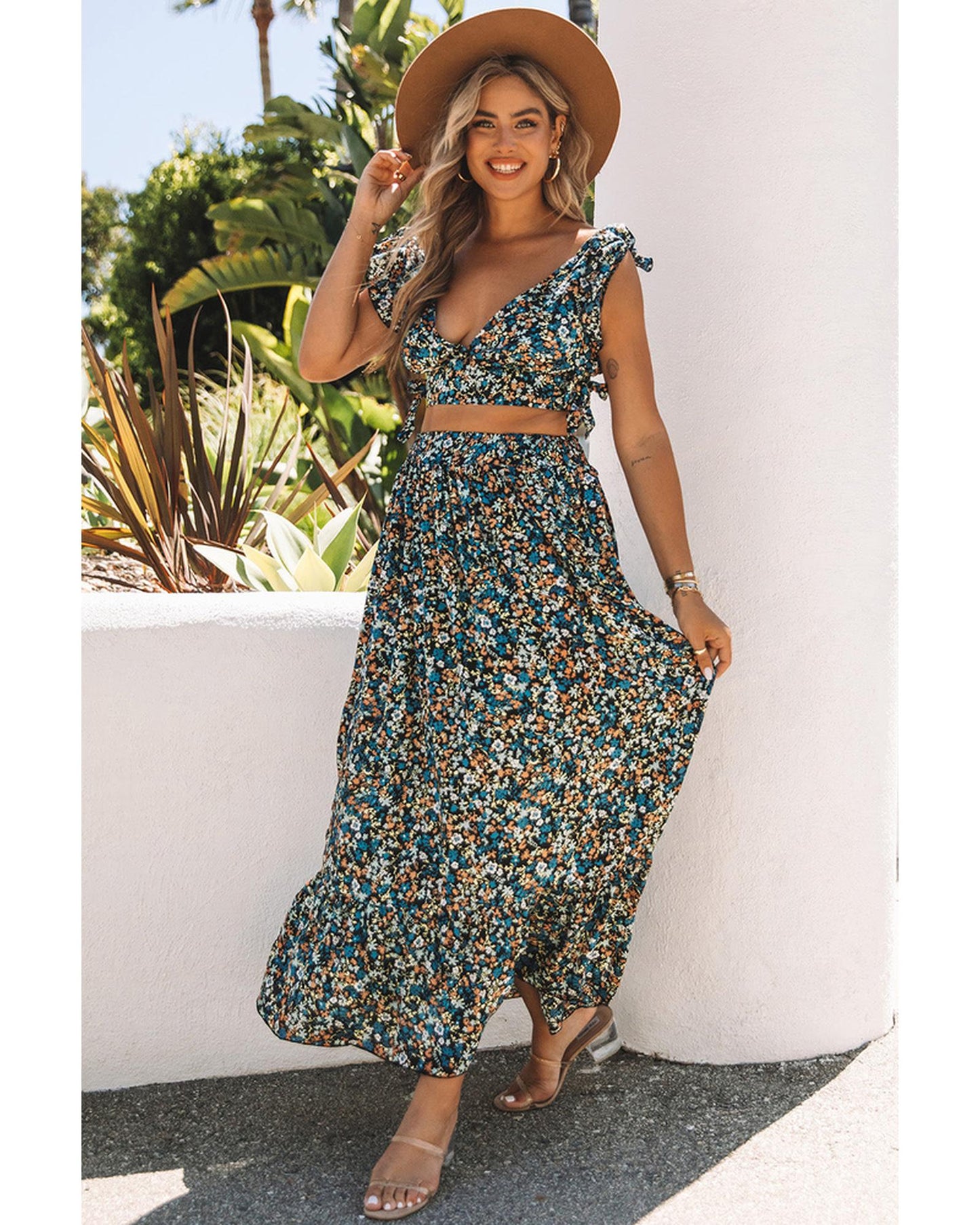 Azura Exchange Floral Ruffled Crop Top and Maxi Skirt Set - 2XL