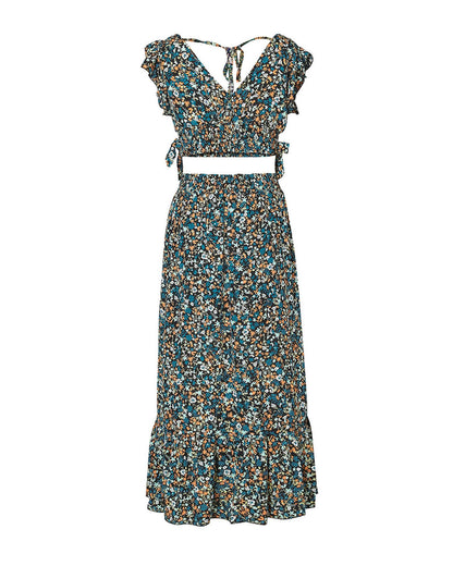 Azura Exchange Floral Ruffled Crop Top and Maxi Skirt Set - 2XL