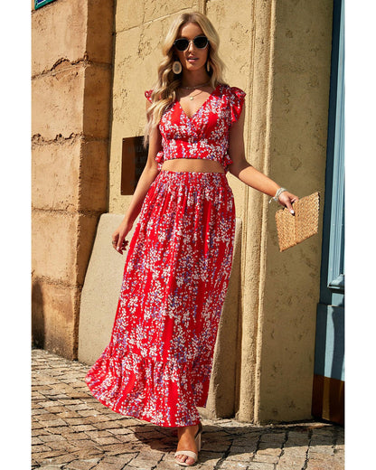 Azura Exchange Floral Ruffled Crop Top and Maxi Skirt Set - 2XL