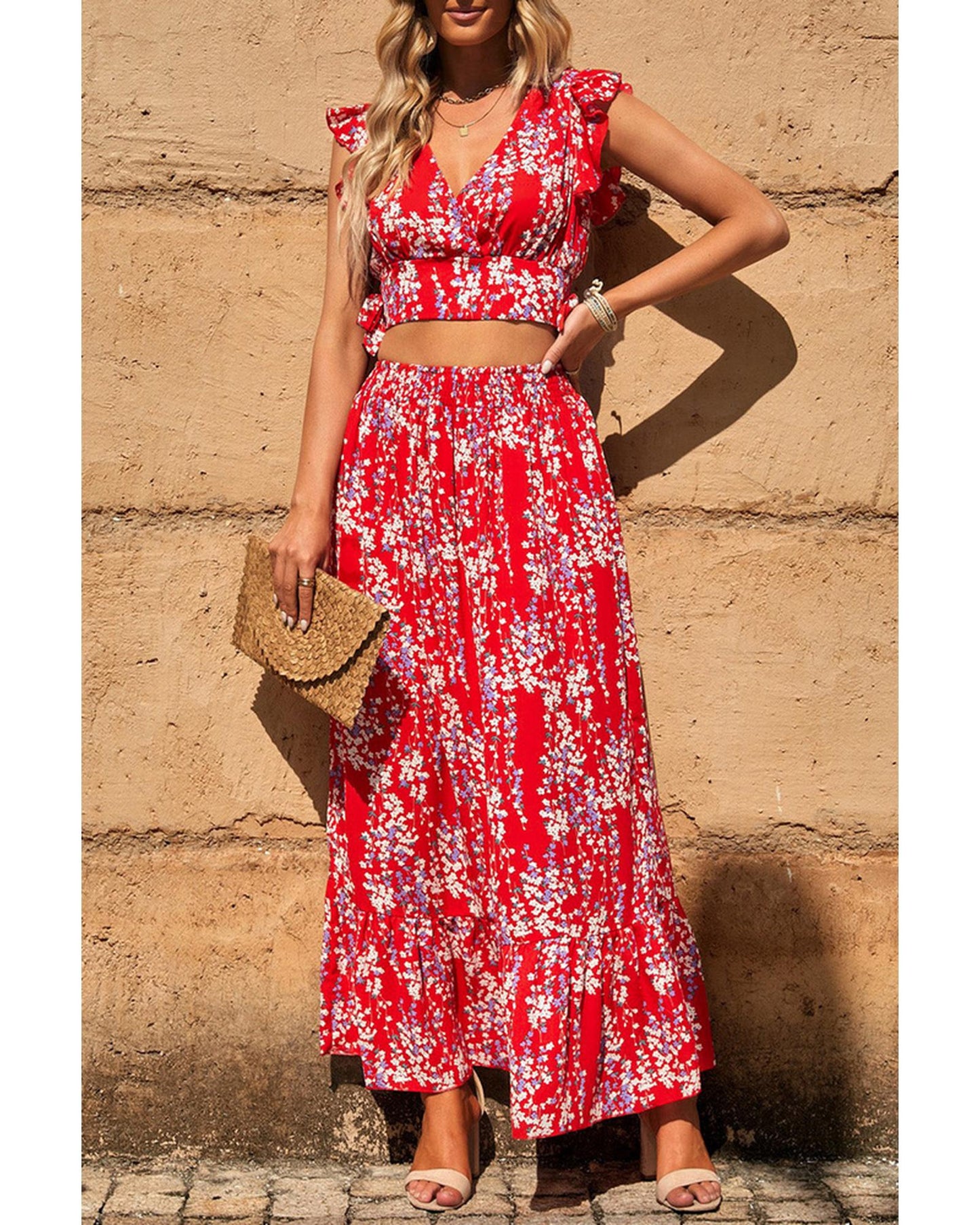 Azura Exchange Floral Ruffled Crop Top and Maxi Skirt Set - L