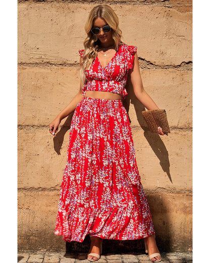 Azura Exchange Floral Ruffled Crop Top and Maxi Skirt Set - M