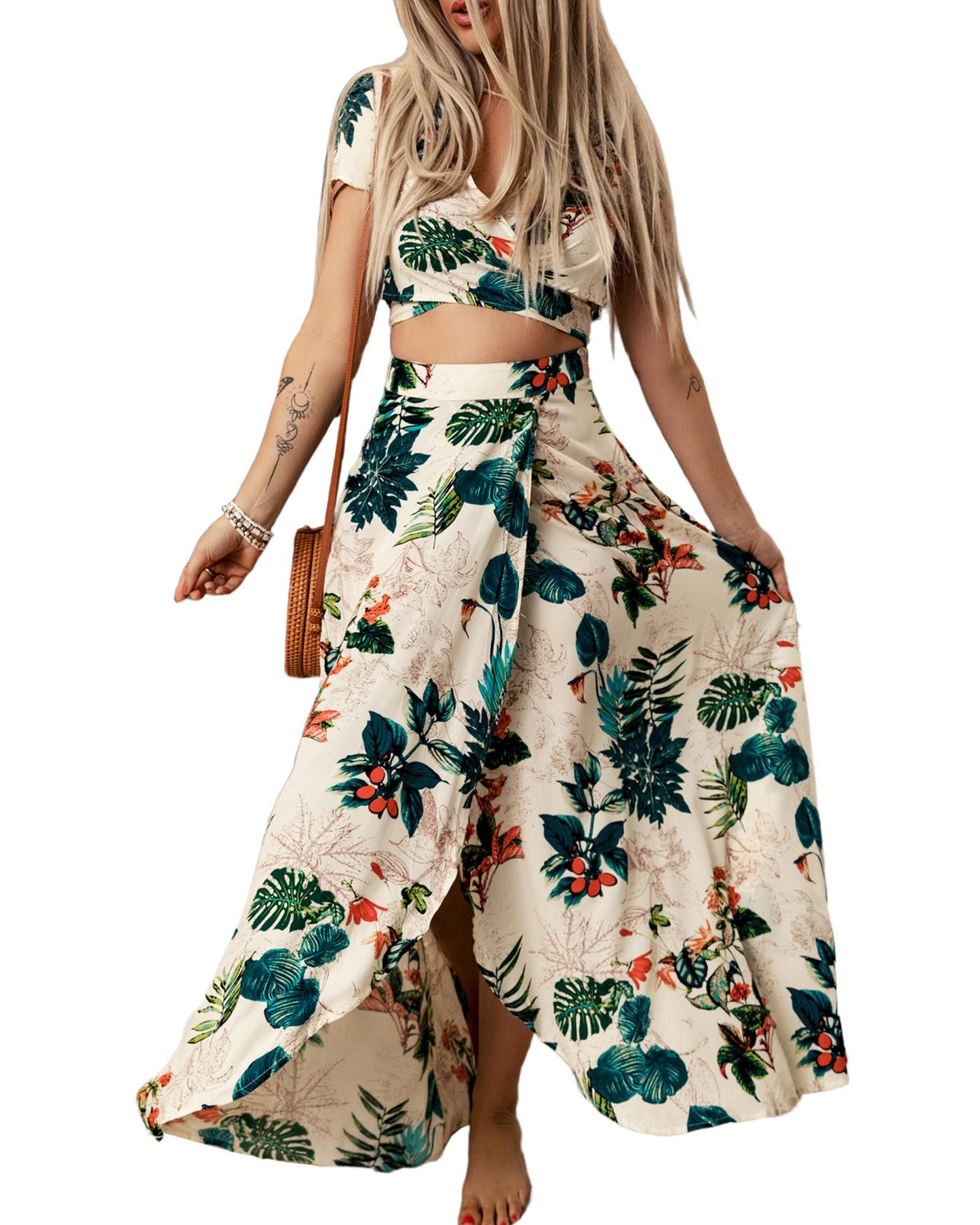 Azura Exchange Tropical Print Crop Top and Maxi Skirt Set - L