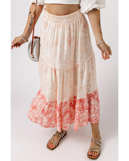 Azura Exchange Tiered Maxi Skirt with Floral Print - S