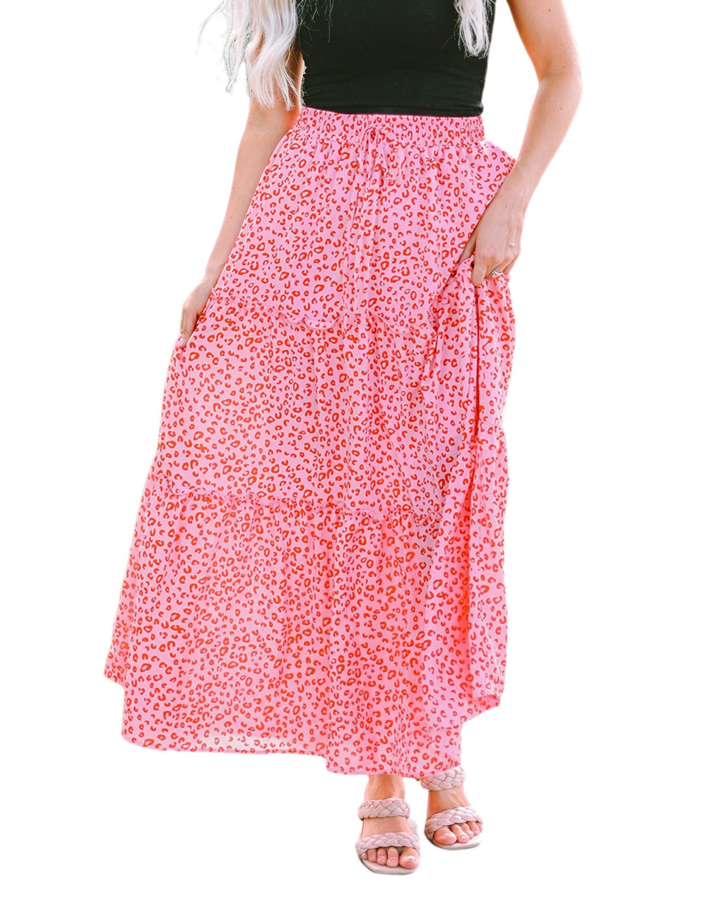 Azura Exchange Leopard Print Frilled Drawstring Maxi Skirt - 2XL