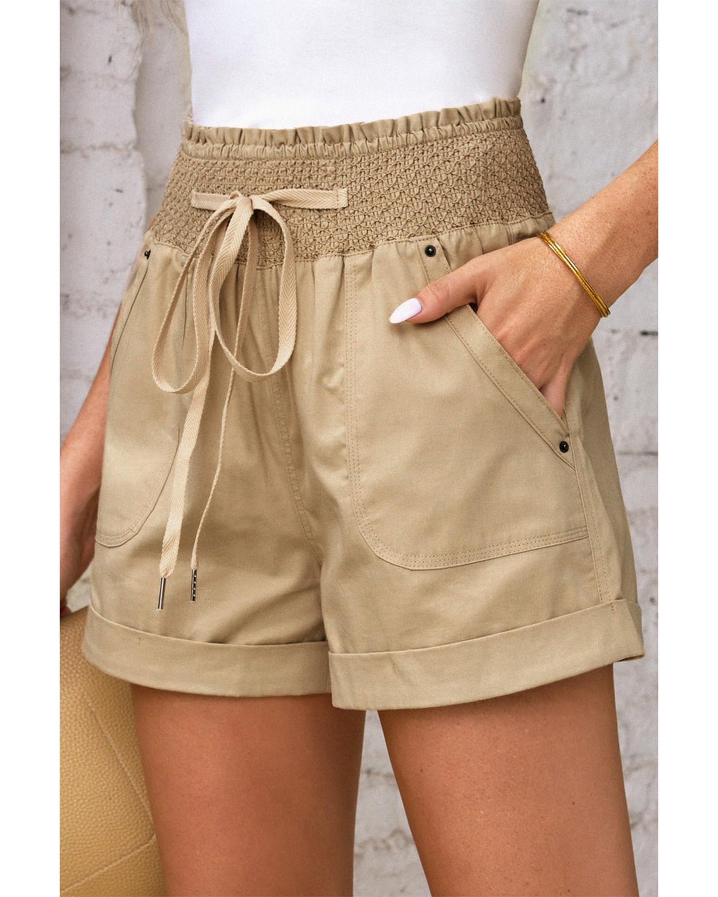 Azura Exchange Drawstring Khaki High Waist Shorts - L