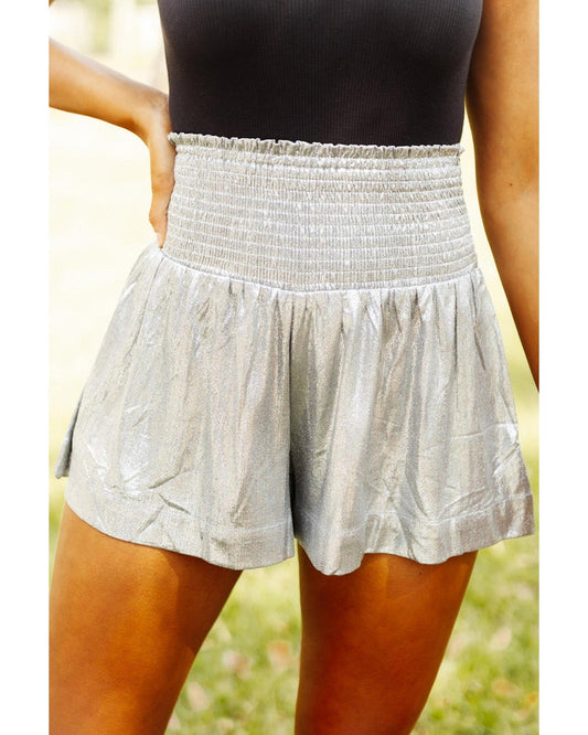 Azura Exchange Smocked High Waist Shorts with Metallic Sheen - L