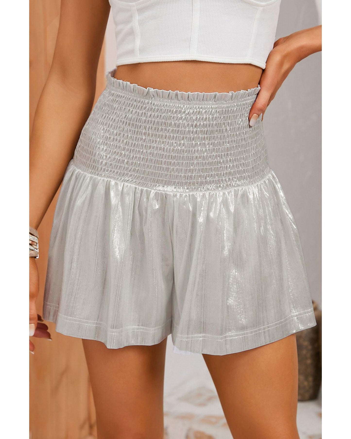 Azura Exchange Smocked High Waist Shorts with Metallic Sheen - M