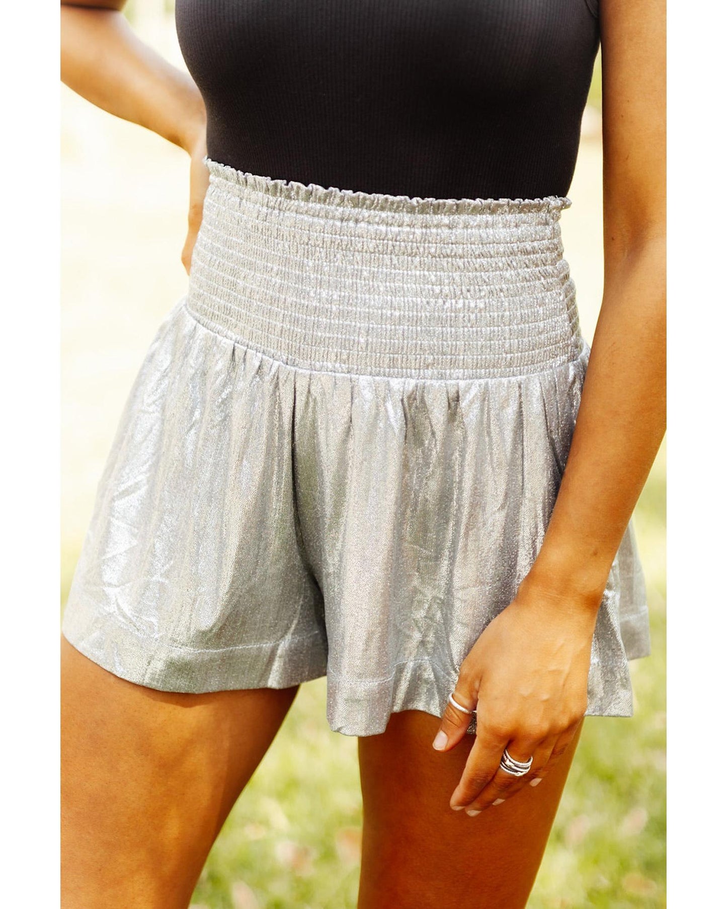 Azura Exchange Smocked High Waist Shorts with Metallic Sheen - M