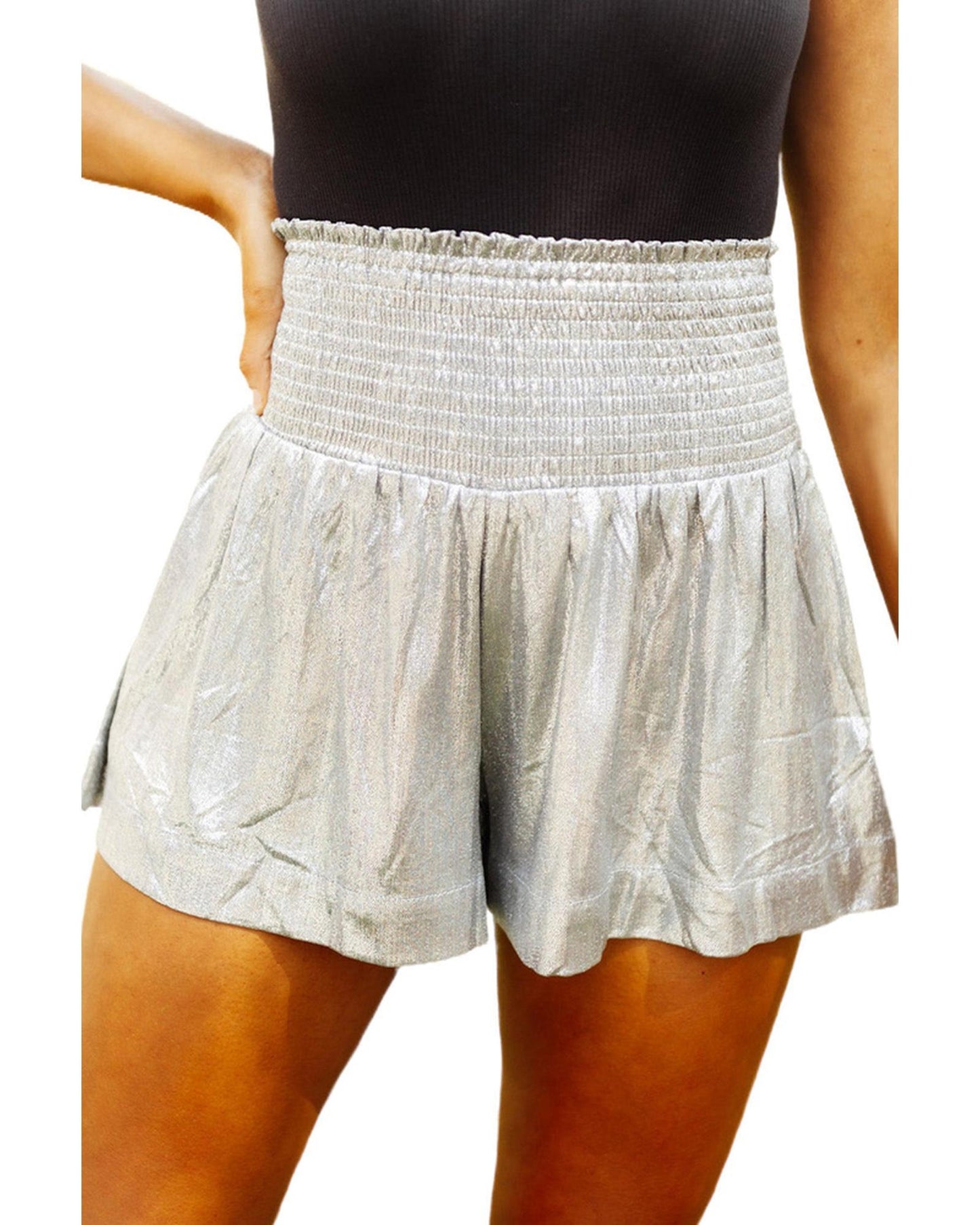 Azura Exchange Smocked High Waist Shorts with Metallic Sheen - XL