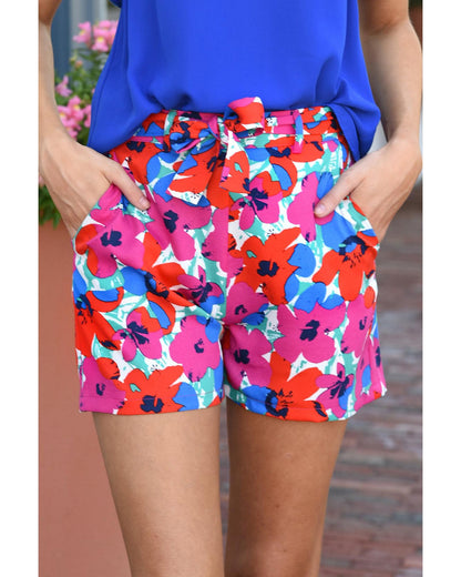 Azura Exchange Belted Floral Print Shorts - 6 US