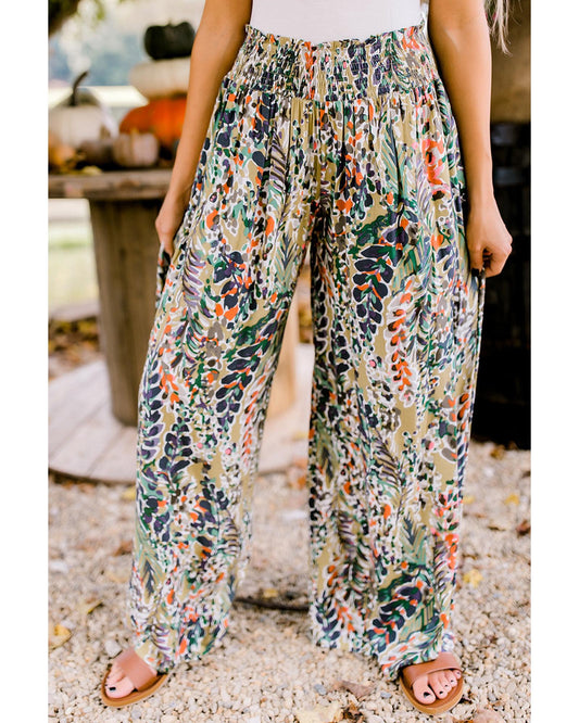 Azura Exchange Floral Print Shirred High Waist Wide Leg Pants - L