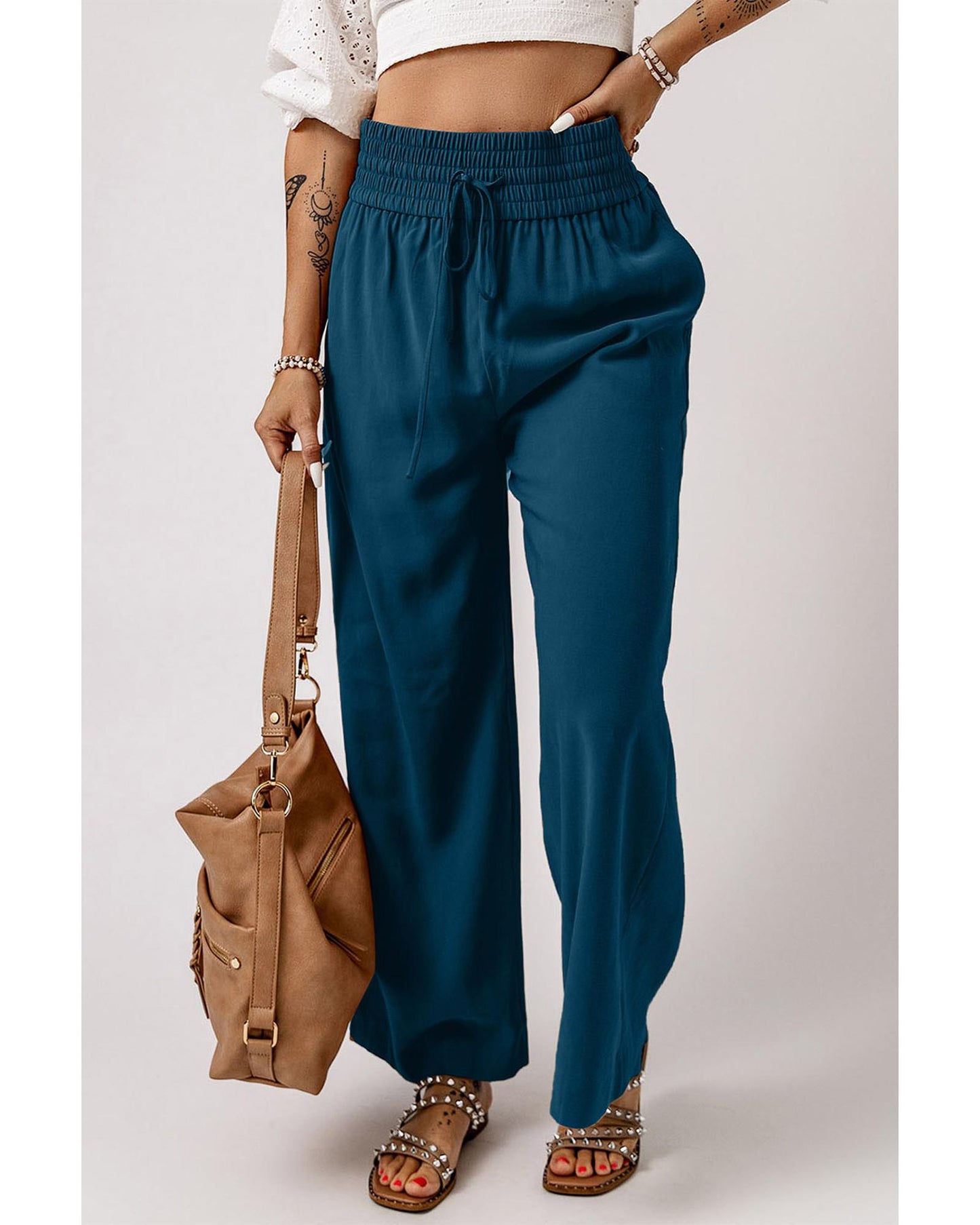 Azura Exchange Drawstring Elastic Waist Wide Leg Pants - S