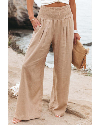 Azura Exchange Smocked High Waist Wide Leg Pants in Khaki - M