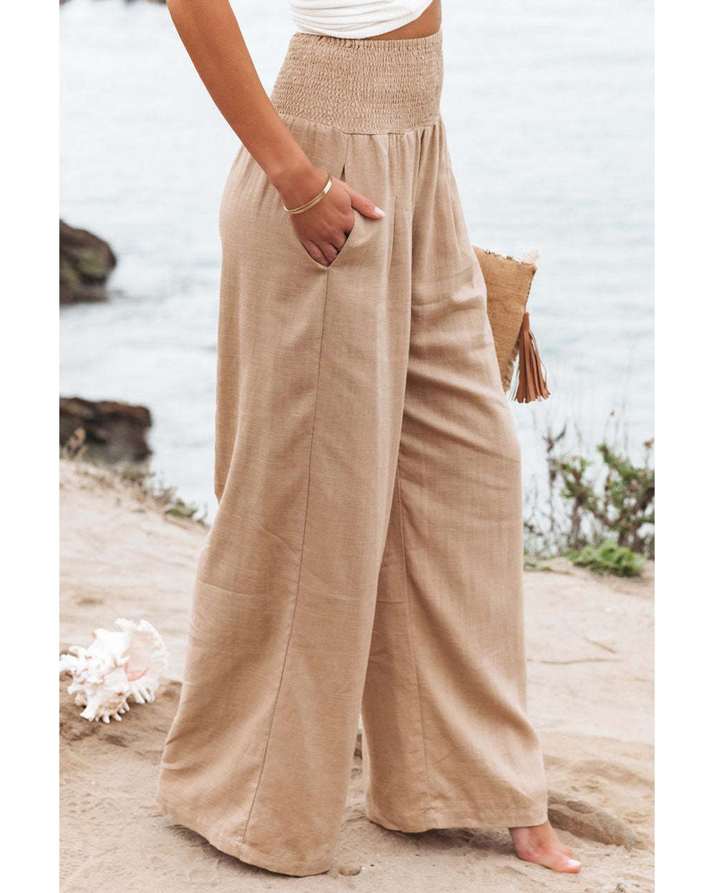 Azura Exchange Smocked High Waist Wide Leg Pants in Khaki - XL